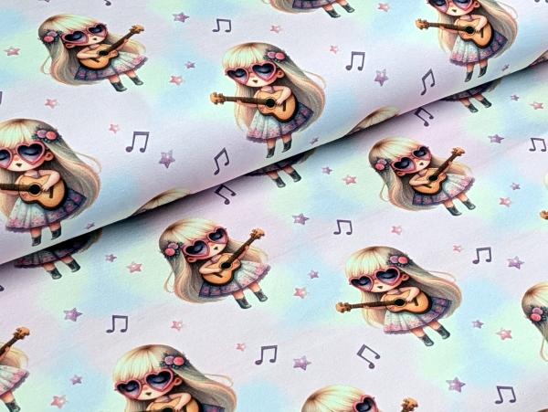 Eigenproduktion Baumwolljersey Kleines Mädchen Musikstar auf Regenbogen Rosa